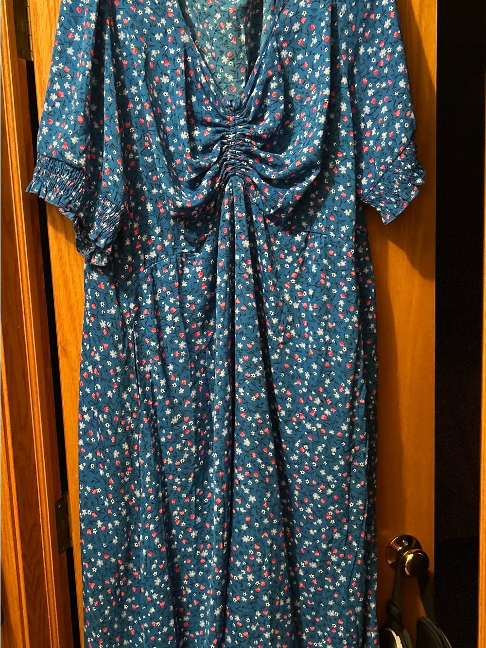 BloomChic Teal Floral Ruched Front Dress with Pink & White Blossoms